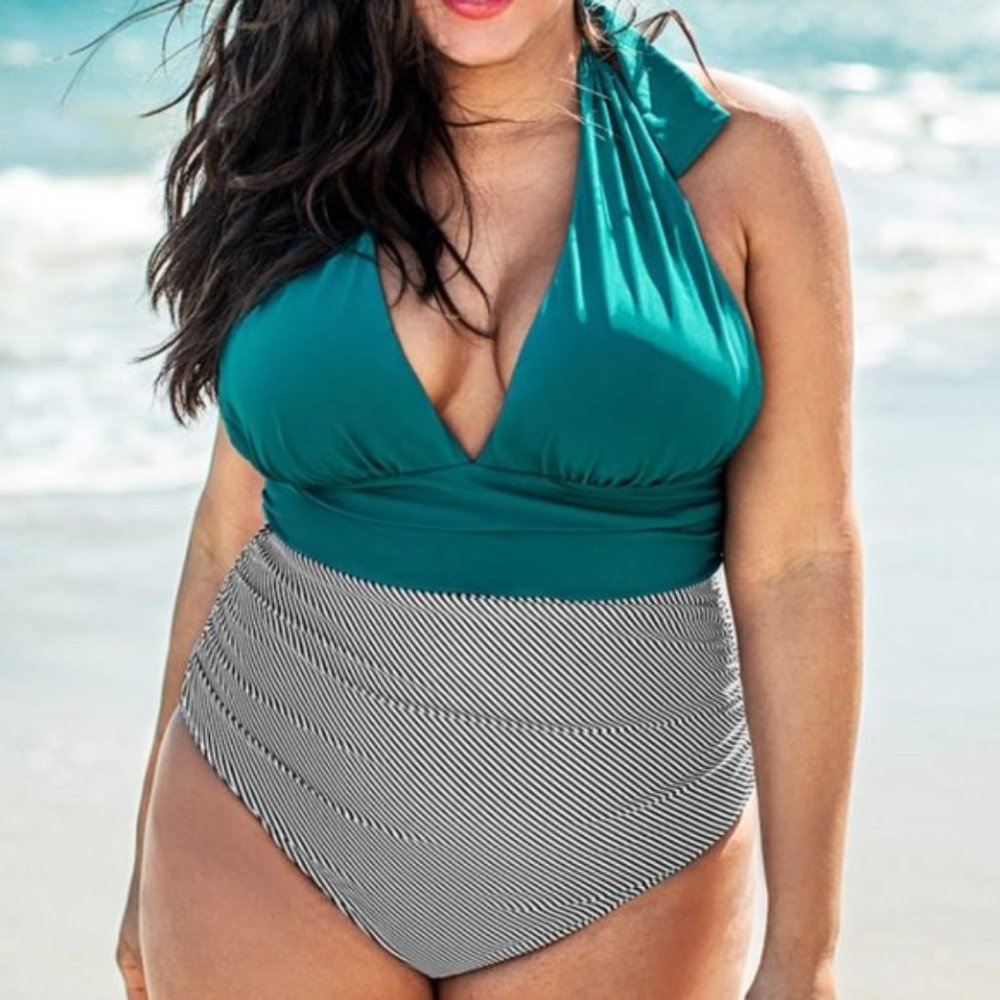 Teal and Striped V Neck Hlater One Piece Swimsuit